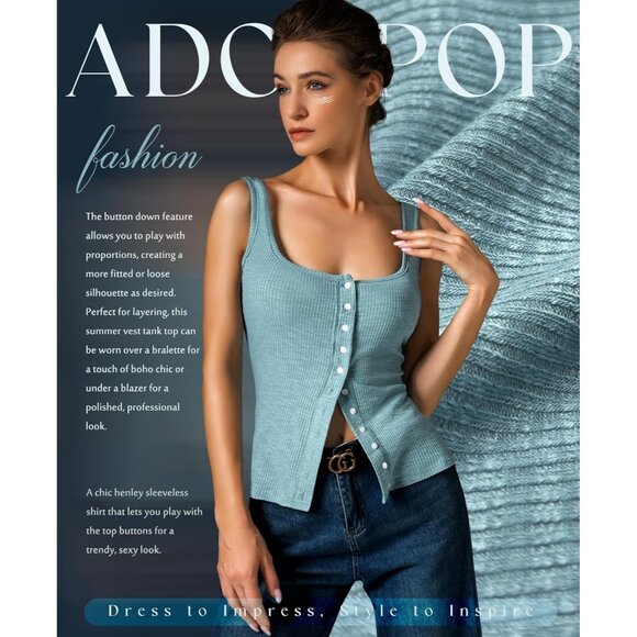 Adorpop Womens Bluish Grey Ribbed Sleeveless Blouses Button Down Henley Shirts - Picture 2 of 5